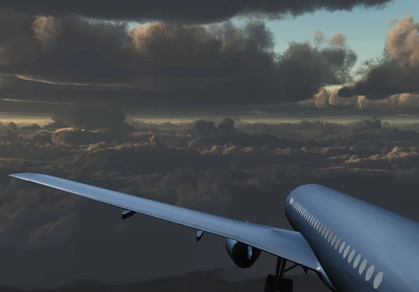 Jetflygplan Passagerare Mellan Moln Och Dyster Sky — Stockfoto