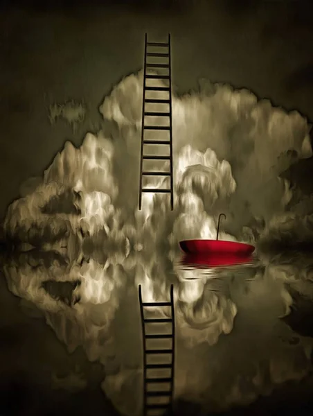 Surreale Malerei Roter Regenschirm Schwimmt Wasser Leiter — Stockfoto