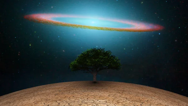 Сюрреалізм Зелене Дерево Посушливій Землі Галактичний Диск Нічному Небі — стокове фото