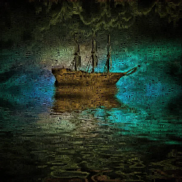 Painting Lonely Ship Image Composed Entirely Words — Stock Photo, Image