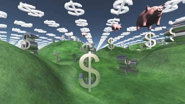 Money Success Fantasy Landscape Floatin Pigs — Stock Photo, Image