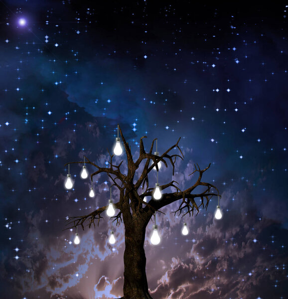 Old tree with light bulbs. Starry sky
