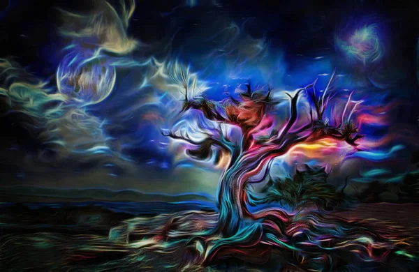 Pintura Surreal Árvore Velha Lua Cheia Nuvens Místicas Céu — Fotografia de Stock