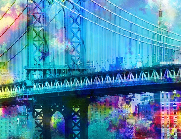 Colorful Painting Manhattan Bridge New York Downtown Empire State Building — Stock Photo, Image