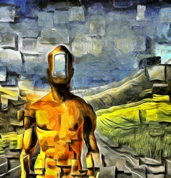 Surreal Painting Naked Man Open Door Instead Face Road Field — Stock Photo, Image