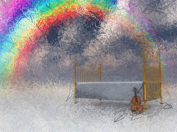 Letto Con Violino Arcobaleno Scena Surreale — Foto Stock