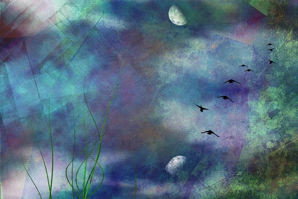 Malířská Krajina Pod Měsícem Létající Ptáci Vykreslování — Stock fotografie