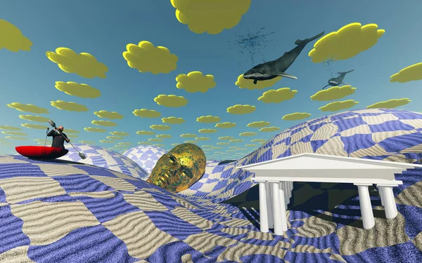 Zvláštní Pouštní Scéna Létajícími Velrybami Muž Plavící Písku Velkém Deštníku — Stock fotografie