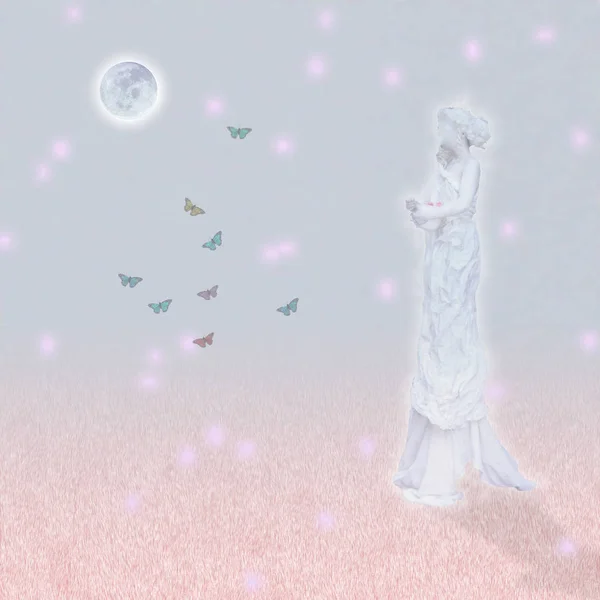 Estatua Mármol Mujer Mariposas Luna Brillante — Foto de Stock