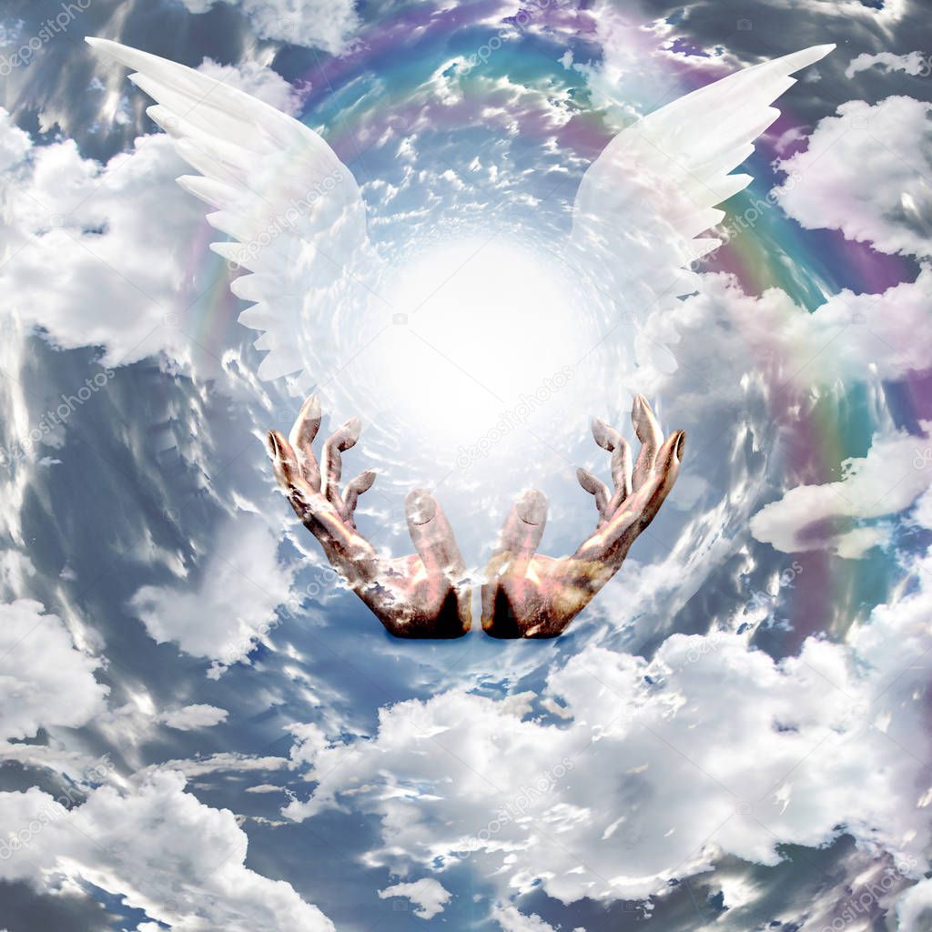 Presentation of the guardian, human hands with angel wings on sky background
