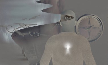 Soyut Kompozisyon. Adam anahtar deliği, kanatlı saat ile zamanın akışını temsil eder.