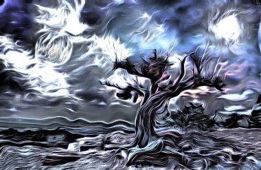 Surreal painting. Old tree, full moon and mystic clouds in the sky. clipart