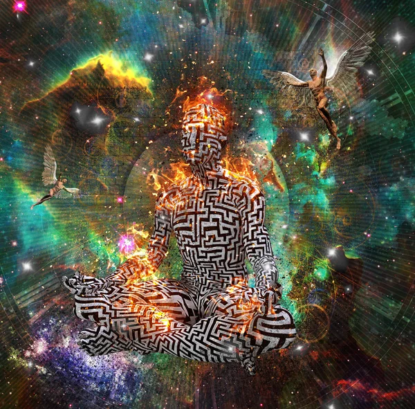 Sürrealizm. Lotus 'ta alevler içinde duran labirent desenli bir insan figürü. Kanatlı çıplak adamlar melekleri temsil eder. 3 boyutlu görüntüleme. NASA 'nın sağladığı bazı unsurlar.