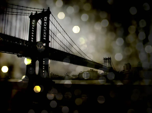 Gece Görünümü New York Manhattan Köprüsü Bokeh — Stok fotoğraf