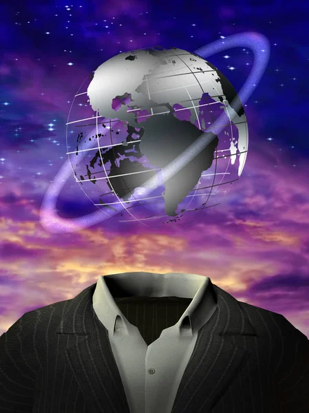 Rendering Surrealism Globe Orbital Ring Man Suit Purple Clouds — Stock Photo, Image