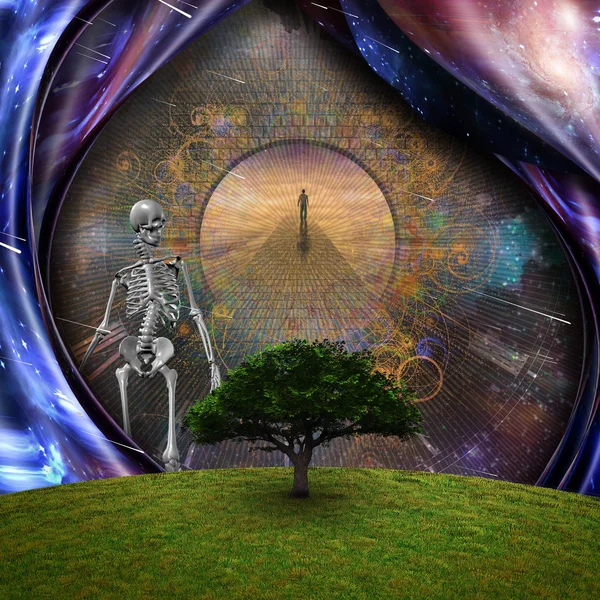 Surrealism Green Tree Man Stone Road Skeleton Represents Death Rendering — Stock Photo, Image