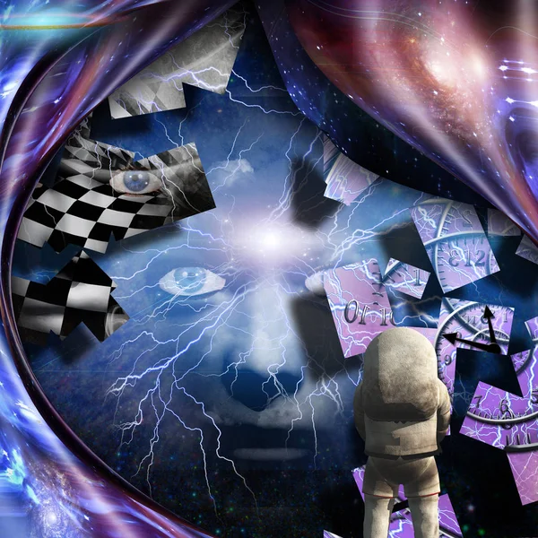 Surrealism Spirals Time Warped Space Astronaut Woman Face Lightnings Deep — Stock Photo, Image