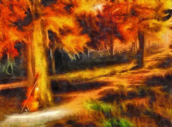 Живопись Скрипка Осеннем Лесу — стоковое фото
