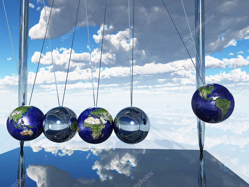 Newtons Cradle Earth, colorful 3D illustration