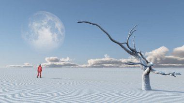 Surrealism. Man in red suit stands in white desert with old dry tree. Giant moon in the sky. clipart