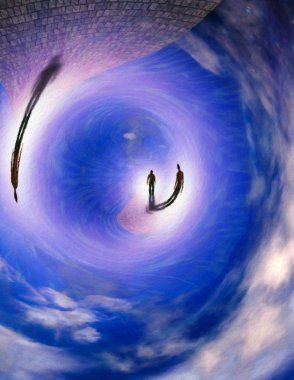 İnsan parlak ışığa taş bir yolda yürüyor. Tuval üzerine yağlıboya