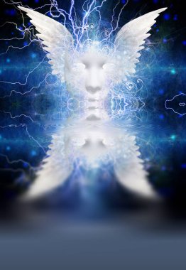 Spiritual composition. White winged mask with lightnings clipart