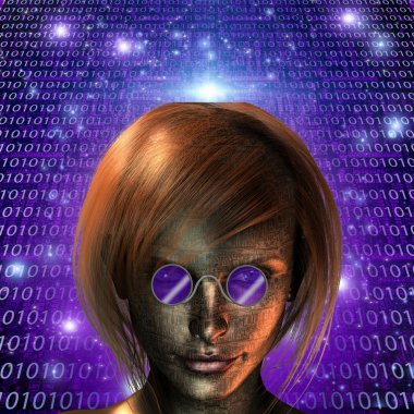 Cyborg girl wearing purple glasses. Binary code background clipart