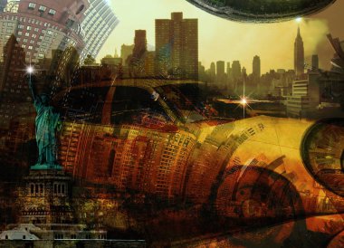 Sarı taksi, özgürlük heykeli ve New York skyline