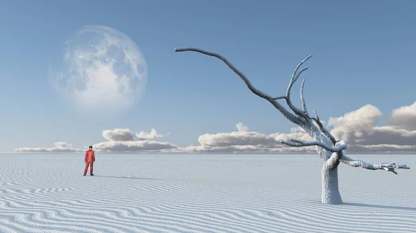 Surrealism Man Red Suit Stands White Desert Old Dry Tree — Stock Photo, Image
