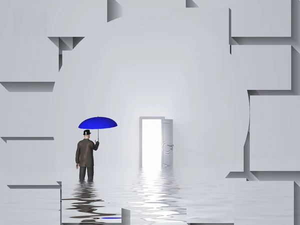 Man Blue Umbrella Stands Water Pure White Room Open Door — Stock Photo, Image