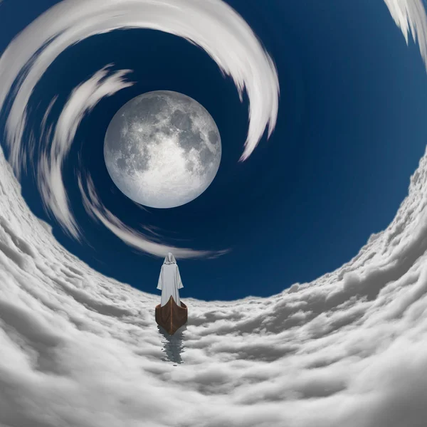 Figura Bata Blanca Flotando Luna Llena Túnel Nubes — Foto de Stock