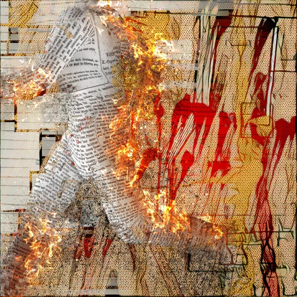 Abstracción Una Figura Ardiente Hombre Papel Manchas Pinceladas Fondo —  Fotos de Stock