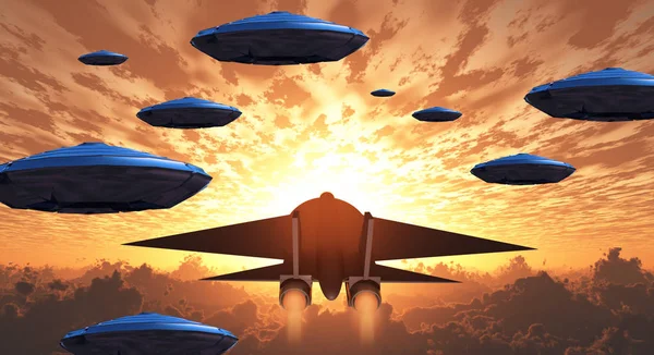 Sunset Flying Saucers Jet Plane Together — Stock Photo, Image