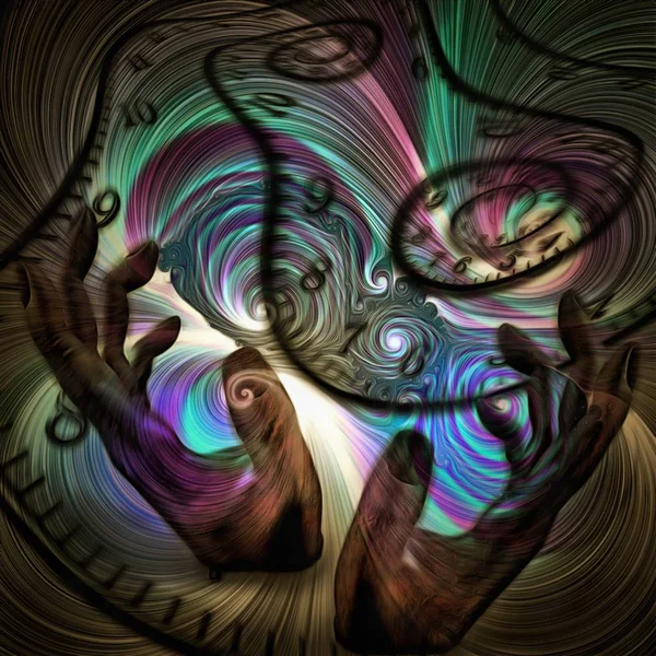 Surreale Malerei Menschenhände Und Zeitspiralen Farbenfrohe Wirbel — Stockfoto