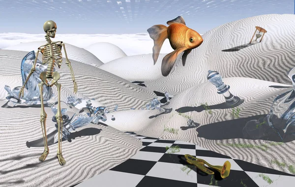 Сюрреалистичная Композиция Проверил Дорогу Белой Пустыне Скелет Золотая Рыбка Рендеринг — стоковое фото