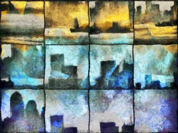 Abstract painting. Urban silhouettes on square mosaic pattern.