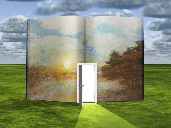 Sürrealizm Açılan Kapı Gündoğumu Ile Orman Üzerinde Kitap — Stok fotoğraf