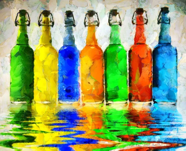 Moderne Kunst Kleurrijke Flessen Reflecteren Het Water — Stockfoto