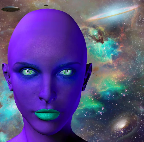 Kvinnans Ansikte Innan Färgglada Universum Flygande Tefat — Stockfoto