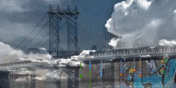 Arte Digital Surreal Ponte Manhattan Paisagem Urbana Nova Iorque Lua — Fotografia de Stock