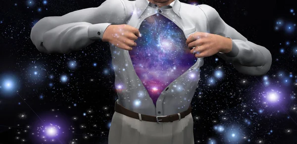Muž Otevře Košili Odhalit Galaxie Vykreslování — Stock fotografie