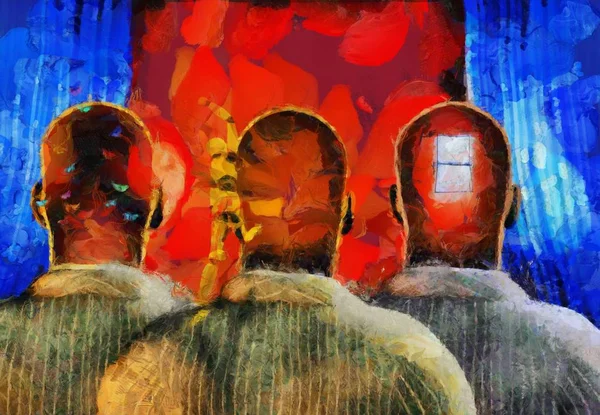 Сюрреалістичний Живопис Чоловіки Снами Голові Стоять Перед Драпіруванням Поле Позаду — стокове фото