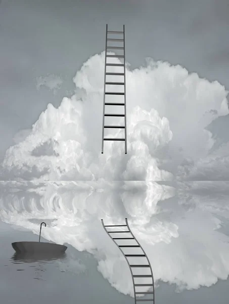 Escada Refletida Água Com Guarda Chuva Flutuante — Fotografia de Stock