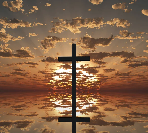 Coucher Lever Soleil Croix Reflète Dans Eau Rendu — Photo