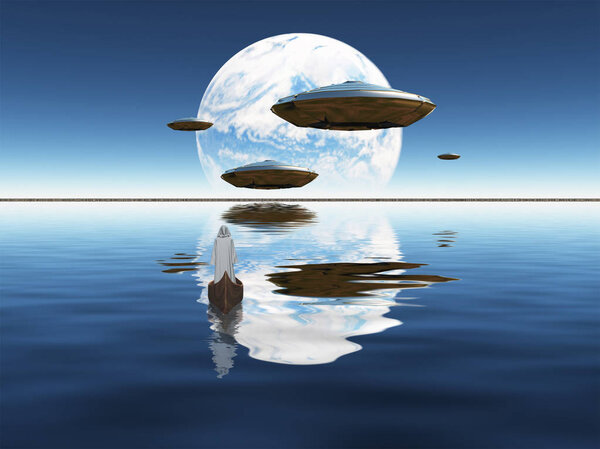 Monk sails in boat. Blue planet seen in distance. Spacecrafts flies above water surface. 3D rendering