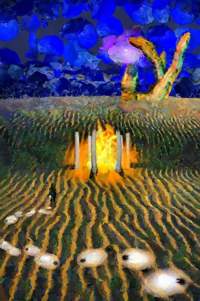 超现实的绘画 人就站在火寺旁边 巨大的石头手握在地平线上 灯泡代表思想 — 图库照片