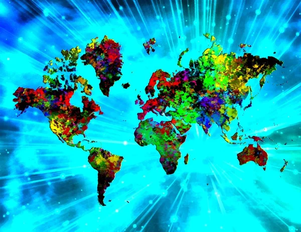 Pintura Abstrata Mapa Mundo Colorido Raios Luz Sobre Fundo — Fotografia de Stock