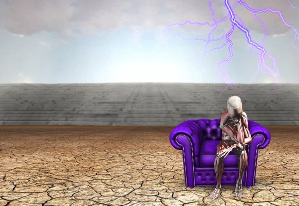 体は乾燥地の紫の肘掛け椅子に座っています — ストック写真