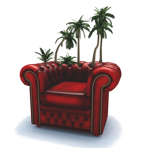 Surrealismus Darstellung Roter Sessel Mit Palmen — Stockfoto