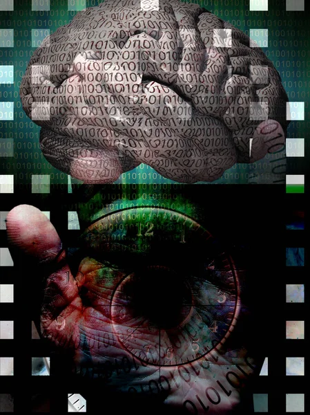 人脑和手用二进制代码 时间螺旋 — 图库照片